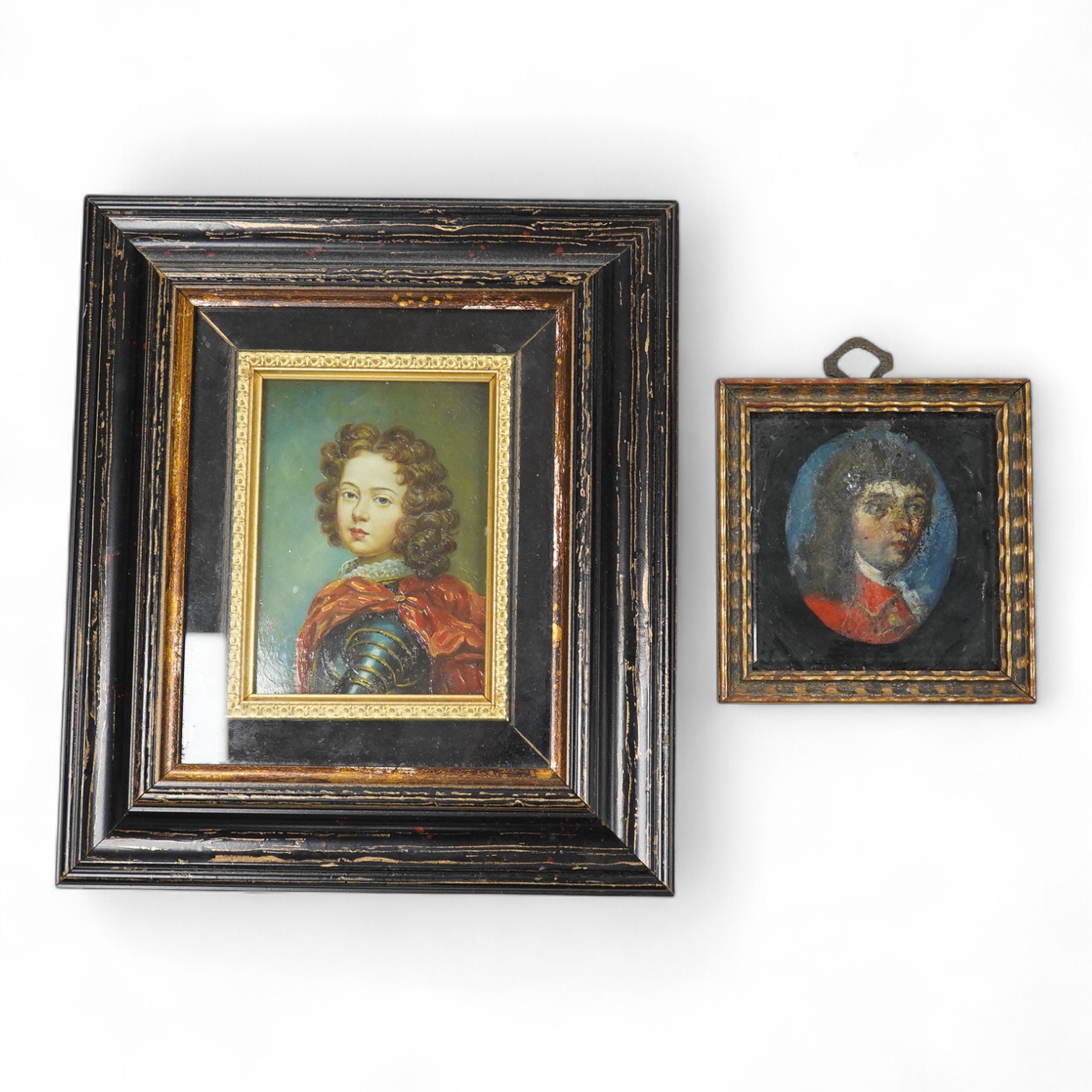 Late 18th century School, Portrait miniature of a young boy wearing a frock coat, oil on metal panel, possibly copper, together with a decorative portrait of a young boy in armour, each framed, largest 11 x 7.5cm